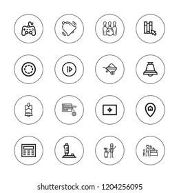 Push icon set. collection of 16 outline push icons with bell, button, caddy, bowling, click, control panel, game, joystick, keypad, play, point, touch screen icons.