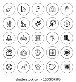 Push icon set. collection of 25 outline push icons with bell, button, caddy, bowling, click, control, controls, game, gamepad, joystick, mute, play icons. editable icons.