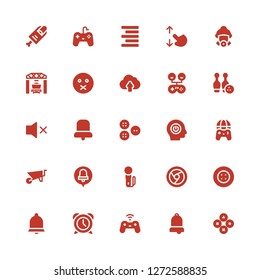 push icon set. Collection of 25 filled push icons included Buttons, Bell, Gamepad, Alarm, Button, Chrome, Joystick, Alarm bell, Wheelbarrow, Power, Mute, Bowling, Cloud upload