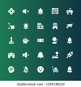 push icon set. Collection of 25 filled push icons included Bell, Lawn mower, Muted, Alarm, Power, Finger, Joystick, Gamepad, Ringer, Wheelbarrow, Loader, Touch screen, Gamepads
