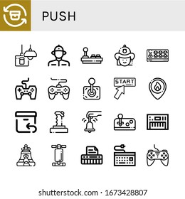 push icon set. Collection of Return, Turn off, Firefighter, Joystick, Game controller, Game, Click, Bell, Keyboard, Abdominal bench, Controller icons
