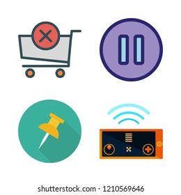 push icon set. vector set about remote control, shopping cart, pause and push pin icons set.