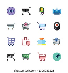 push icon set. vector set about finger, push pin, remote control and shopping cart icons set.