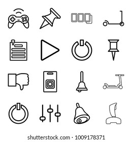 Push icons. set of 16 editable outline push icons such as kick scooter, pin, dislike, adjust, play, paper pin, bell, door bell, switch off, joystick