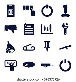 push icons set. Set of 16 push filled icons such as barrow, pin, Finger pressing play button, wrench, dislike, paper pin, bell, door bell, switch off, joystick