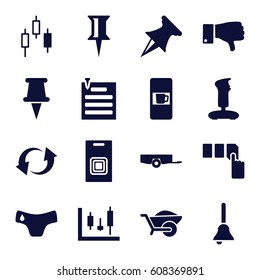 Push icons set. set of 16 push filled icons such as barrow, vending machine, children panties, push button, pin, wheelbarrow, dislike, update, paper pin, bell, door bell