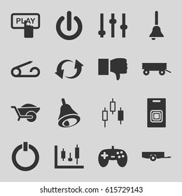 Push icons set. set of 16 push filled icons such as barrow, pin, Finger pressing play button, wheelbarrow, update, bell, door bell, switch off, joystick, dislike, adjust