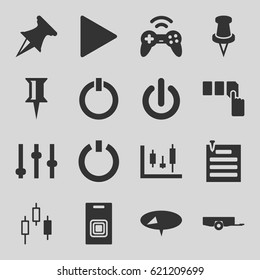 Push icons set. set of 16 push filled icons such as barrow, push button, pin, play, paper pin, door bell, switch off, joystick, adjust, panel control