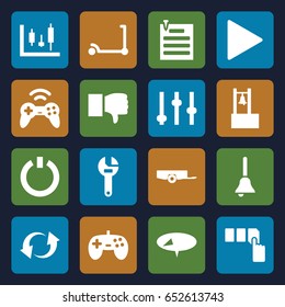 Push icons set. set of 16 push filled icons such as barrow, kick scooter, push button, wrench, update, play, paper pin, bell, switch off, joystick, pin, dislike, adjust