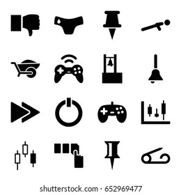 Push icons set. set of 16 push filled icons such as pin, children panties, wheelbarrow, fast forward, bell, switch off, joystick, dislike, panel control