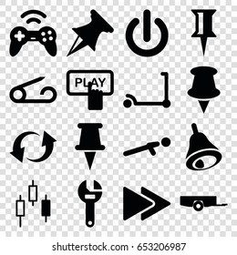 Push icons set. set of 16 push filled icons such as barrow, pin, kick scooter, finger pressing play button, wrench, push up, update, fast forward, bell, joystick, switch off