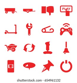 Push icons set. set of 16 push filled icons such as barrow, vending machine, pin, kick scooter, finger pressing play button, wrench, wheelbarrow, update, bell, switch off