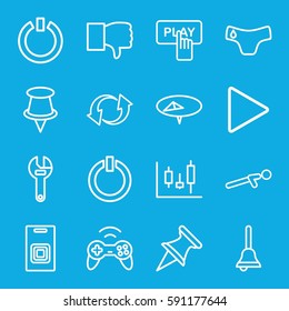 push icons set. Set of 16 push outline icons such as children panties, Finger pressing play button, wrench, push up, update, play, bell, door bell, switch off, joystick