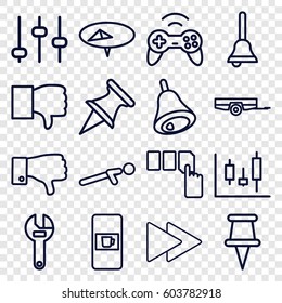 Push icons set. set of 16 push outline icons such as vending machine, barrow, wrench, dislike, fast forward, pin, bell, joystick, adjust