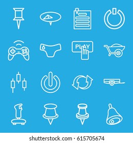 Push icons set. set of 16 push outline icons such as barrow, children panties, Finger pressing play button, pin, wheelbarrow, update, paper pin, bell, switch off, joystick