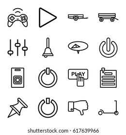 Push icons set. set of 16 push outline icons such as barrow, kick scooter, Finger pressing play button, dislike, play, paper pin, bell, door bell, switch off, joystick, adjust