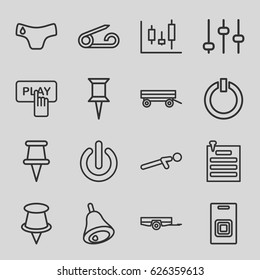Push icons set. set of 16 push outline icons such as barrow, pin, children panties, Finger pressing play button, push up, paper pin, bell, door bell, switch off, adjust