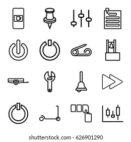 Push icons set. set of 16 push outline icons such as vending machine, barrow, pin, kick scooter, push button, wrench, fast forward, paper pin, bell, switch off, adjust