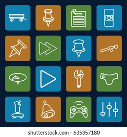 Push icons set. set of 16 push outline icons such as vending machine, barrow, children panties, wrench, push up, pin, play, fast forward, paper pin, bell, joystick