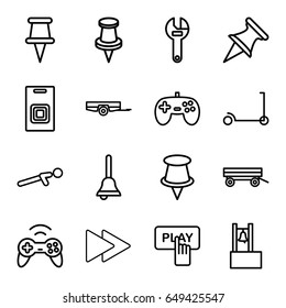 Push icons set. set of 16 push outline icons such as barrow, kick scooter, finger pressing play button, wrench, push up, pin, fast forward, bell, door bell