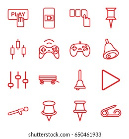 Push icons set. set of 16 push outline icons such as vending machine, barrow, pin, finger pressing play button, play, bell, joystick, adjust