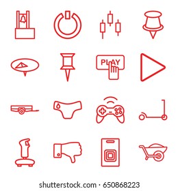 Push icons set. set of 16 push outline icons such as barrow, children panties, kick scooter, finger pressing play button, pin, wheelbarrow, dislike, play, door bell