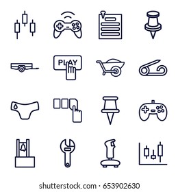 Push icons set. set of 16 push outline icons such as barrow, pin, children panties, finger pressing play button, push button, wrench, wheelbarrow, paper pin, joystick, bell