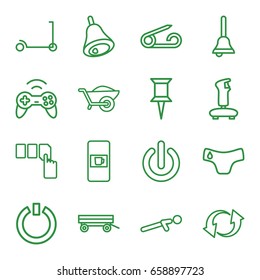 Push icons set. set of 16 push outline icons such as vending machine, barrow, pin, children panties, kick scooter, wheelbarrow, update, bell, switch off