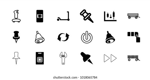 Push icons. set of 18 editable filled and outline push icons: vending machine, kick scooter, push button, panel control, pin, update, bell, door bell, barrow, joystick