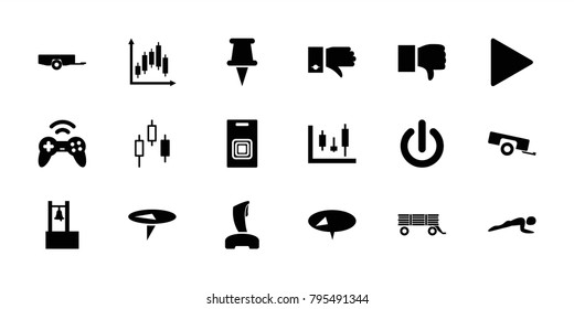 Push icons. set of 18 editable filled push icons: barrow, dislike, pin, panel control, control panel, play, door bell, joystick, switch off, bell