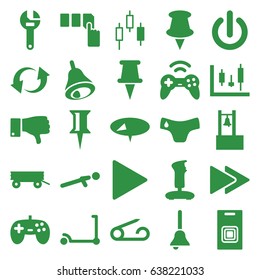Push icons set. set of 25 push filled icons such as barrow, pin, children panties, kick scooter, wrench, dislike, update, play, fast forward, bell, door bell, joystick
