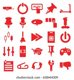 Push icons set. set of 25 push filled icons such as barrow, vending machine, pin, kick scooter, finger pressing play button, push button, wrench, wheelbarrow, dislike, update
