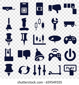 Push icons set. set of 25 push filled icons such as barrow, vending machine, kick scooter, finger pressing play button, push button, pin, wrench, dislike, update, bell