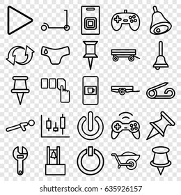 Push icons set. set of 25 push outline icons such as vending machine, barrow, pin, children panties, kick scooter, wrench, wheelbarrow, update, play, bell, door bell