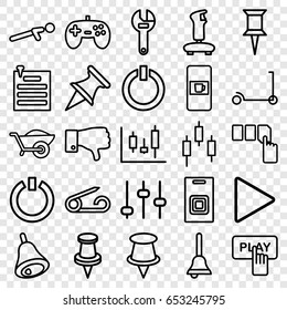 Push icons set. set of 25 push outline icons such as vending machine, pin, kick scooter, finger pressing play button, wrench, wheelbarrow, dislike, play, paper pin, bell