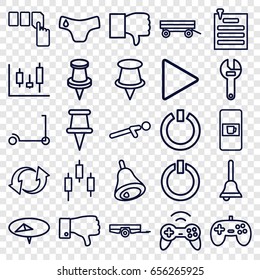 Push icons set. set of 25 push outline icons such as vending machine, barrow, children panties, kick scooter, wrench, dislike, pin, update, play, paper pin, bell, switch off