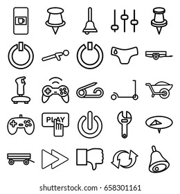 Push icons set. set of 25 push outline icons such as vending machine, barrow, pin, children panties, kick scooter, finger pressing play button, wrench, wheelbarrow, push up