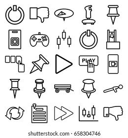 Push icons set. set of 25 push outline icons such as vending machine, barrow, finger pressing play button, pin, dislike, update, play, fast forward, paper pin, door bell