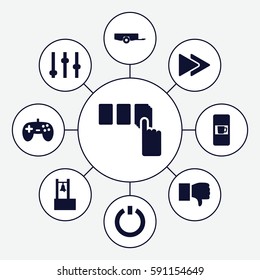 push icons set. Set of 9 push filled icons such as barrow, vending machine, push button, fast forward, switch off, bell, joystick, dislike