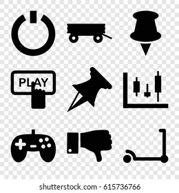 Push icons set. set of 9 push filled icons such as barrow, kick scooter, Finger pressing play button, dislike, switch off, pin, joystick