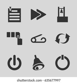 Push icons set. set of 9 push filled icons such as pin, push button, update, fast forward, paper pin, bell