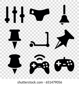 Push icons set. set of 9 push filled icons such as children panties, kick scooter, pin, bell, joystick