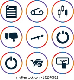 Push icons set. set of 9 push filled icons such as pin, finger pressing play button, wheelbarrow, push up, dislike, paper pin, switch off