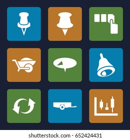 Push icons set. set of 9 push filled icons such as barrow, push button, wheelbarrow, pin, update, bell