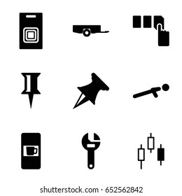 Push icons set. set of 9 push filled icons such as barrow, vending machine, pin, wrench, door bell