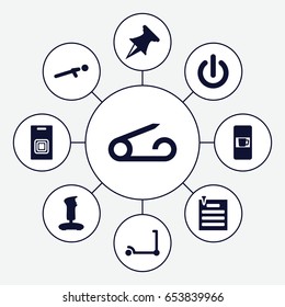 Push icons set. set of 9 push filled icons such as vending machine, pin, kick scooter, push up, paper pin, door bell, switch off