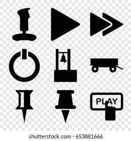 Push icons set. set of 9 push filled icons such as barrow, finger pressing play button, pin, play, fast forward, switch off, bell