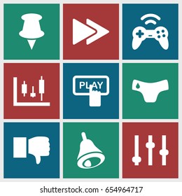 Push icons set. set of 9 push filled icons such as children panties, finger pressing play button, fast forward, bell, joystick, pin, dislike, adjust