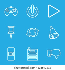 Push icons set. set of 9 push outline icons such as vending machine, pin, dislike, update, play, paper pin, bell, switch off