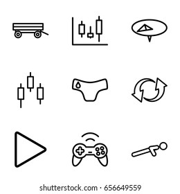 Push icons set. set of 9 push outline icons such as barrow, children panties, push up, update, play, joystick, pin, panel control